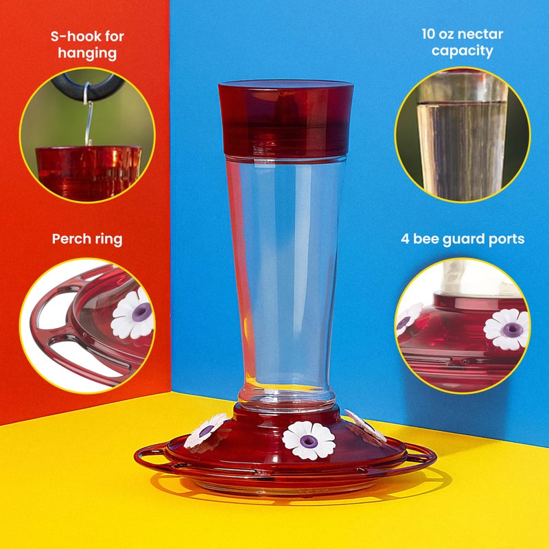 More Birds Bird Health+ Ruby Hummingbird Feeder, Glass Hummingbird Feeders for Outdoors, 4 Feeding Stations, 10 Ounces, Ruby Red - Image 3