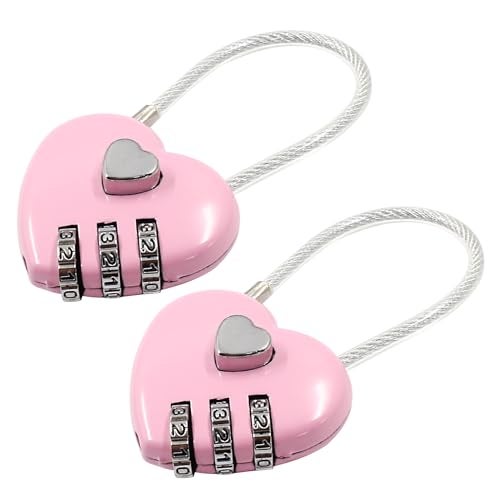 Coufce 2 Pcs Heart Digit Combination Lock Pink Heart Padlock Mini Code Lock Outdoor Waterproof Padlock Wire Rope for Jewelry Storage Box, Diary Book, Luggage, Hall Locker - Image 1