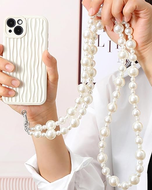 KHOLAD Phone Silver Chain Crossbody Pearl Strap, 2 In1 Wrist & Shoulder Crossbody Lanyard, Pearl Beads Charms Chain With Phone Tether Patches Compatible With Most Phones Bag Purse (Stylish) - Image 3