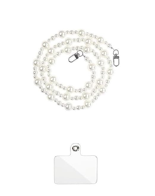 KHOLAD Phone Silver Chain Crossbody Pearl Strap, 2 In1 Wrist & Shoulder Crossbody Lanyard, Pearl Beads Charms Chain With Phone Tether Patches Compatible With Most Phones Bag Purse (Stylish) - Image 1