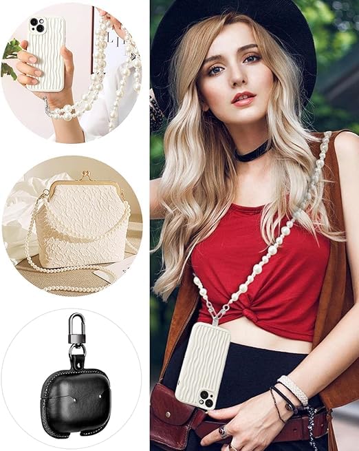 KHOLAD Phone Silver Chain Crossbody Pearl Strap, 2 In1 Wrist & Shoulder Crossbody Lanyard, Pearl Beads Charms Chain With Phone Tether Patches Compatible With Most Phones Bag Purse (Stylish) - Image 5