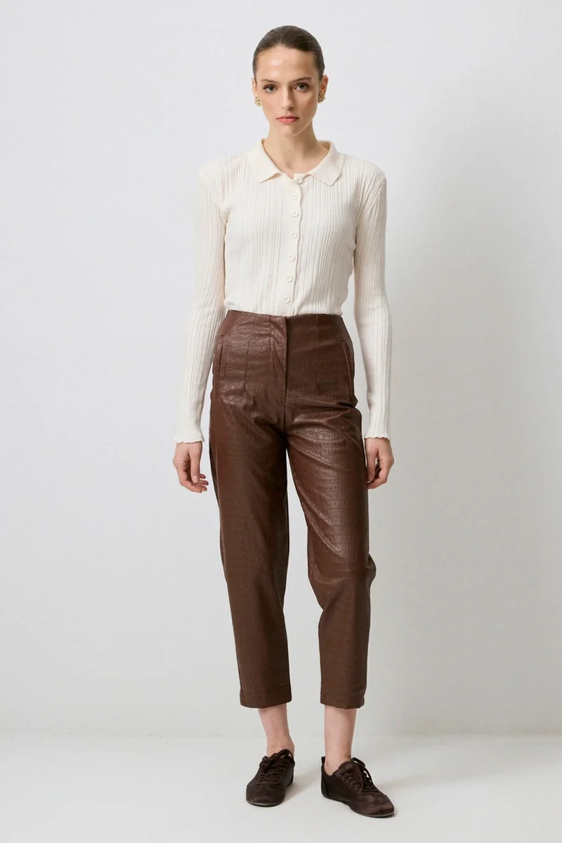 Touche Crocodile Pattern High Waist Leather Trousers