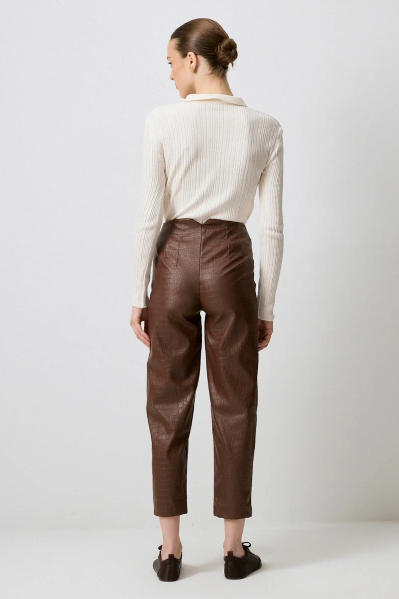 Touche Crocodile Pattern High Waist Leather Trousers