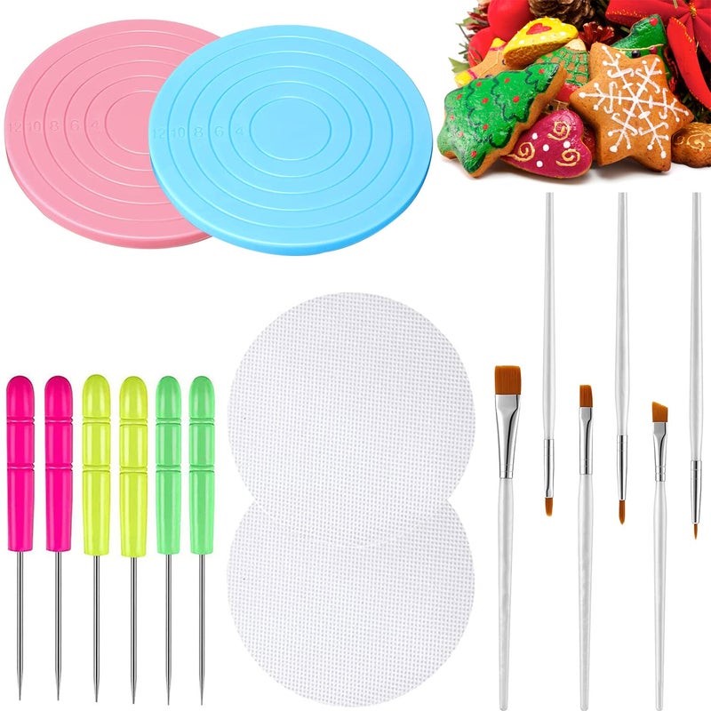 16 Pc Cookie Decorating Kit  2 Acrylic Turntables 6 Scribe Needles 2 Mesh Mats 6 Decoration Brushes