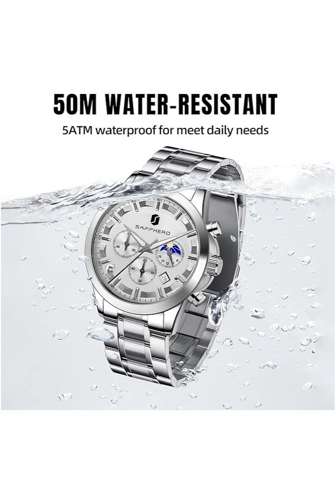 Sapphero Mens Watches Multifunction Chronograph Date Quartz Watch for Men Stainless Steel Band Wrist Watch Gift for Men Casual Business - Image 5