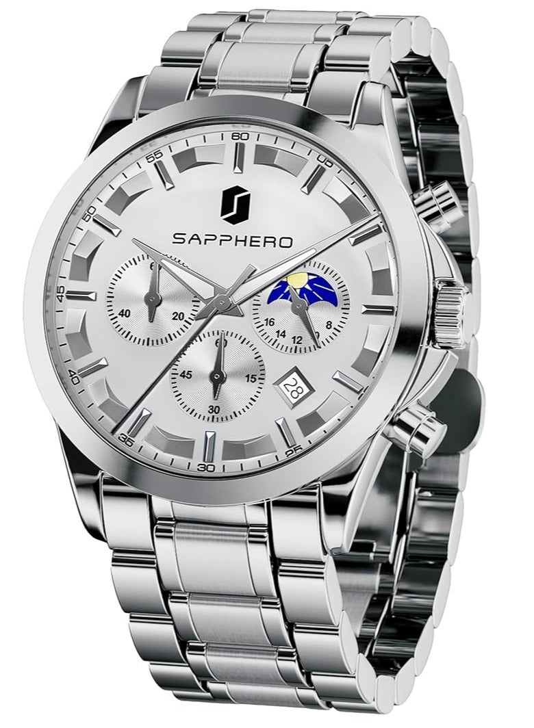 Sapphero Mens Watches Multifunction Chronograph Date Quartz Watch for Men Stainless Steel Band Wrist Watch Gift for Men Casual Business - Image 1