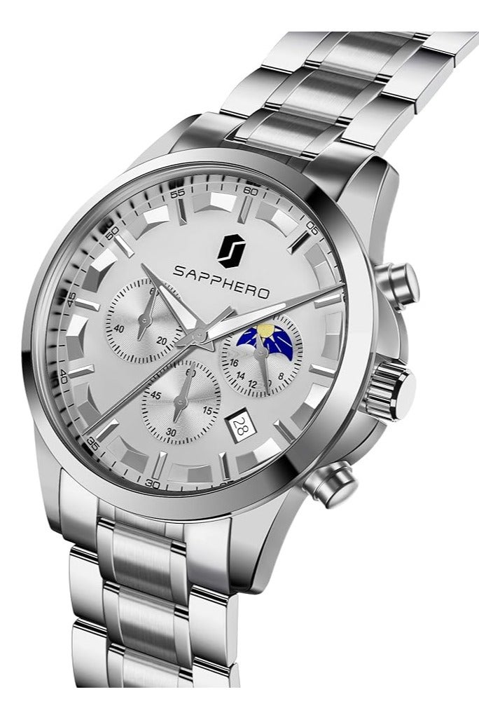 Sapphero Mens Watches Multifunction Chronograph Date Quartz Watch for Men Stainless Steel Band Wrist Watch Gift for Men Casual Business - Image 4