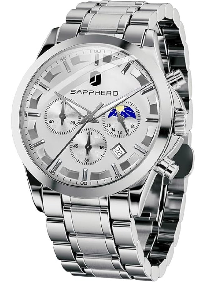 Sapphero Mens Watches Multifunction Chronograph Date Quartz Watch for Men Stainless Steel Band Wrist Watch Gift for Men Casual Business - Image 1