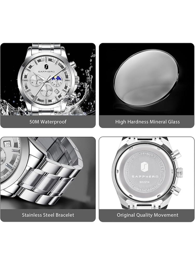 Sapphero Mens Watches Multifunction Chronograph Date Quartz Watch for Men Stainless Steel Band Wrist Watch Gift for Men Casual Business - Image 5