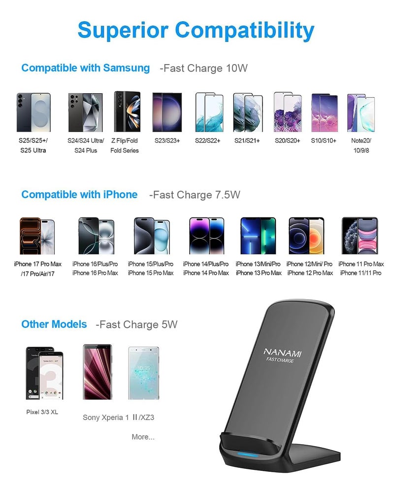 NANAMI Wireless Charger [2 Pack] - 10W Fast Wireless Charging Stand for iPhone 17/17 Air/16/16 Plus/15/14/13/12, Cordless Phone Charger for Samsung Galaxy S26/S26+/S25/S25 Ultra/S24/S23/S22, Pixel 6 - Image 2