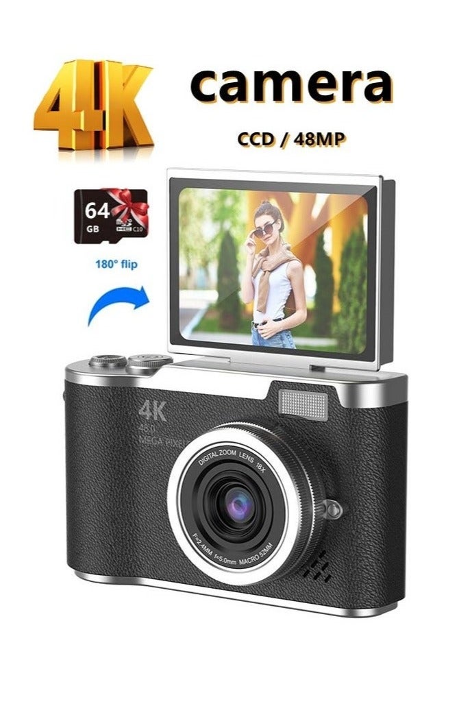 Generic 4k CCD Digital Zoom Student Digital Camera 48MP Portable Digital Photography Camera 180° Flip Screen Selfie Camera，with 64GB SD card - Image 1