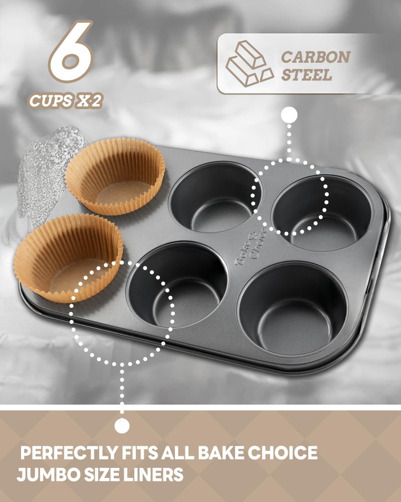 Bake Choice 2 Pack Jumbo Muffin Pan for Baking, Extra Large Cupcake Pan includes 50 Natural Jumbo Cupcake Liners, Muffin Tin Nonstick 6 Cup, Baking Pans Set, Carbon Steel Baking Supplies - Image 3