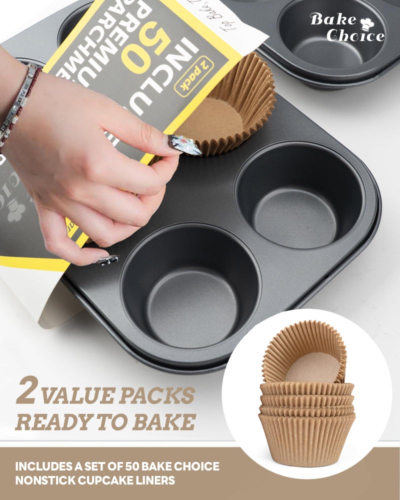 Bake Choice 2 Pack Jumbo Muffin Pan for Baking, Extra Large Cupcake Pan includes 50 Natural Jumbo Cupcake Liners, Muffin Tin Nonstick 6 Cup, Baking Pans Set, Carbon Steel Baking Supplies - Image 2