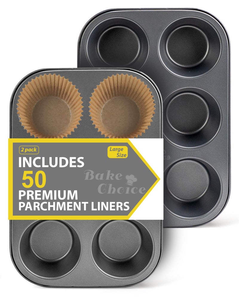 Bake Choice 2 Pack Jumbo Muffin Pan for Baking, Extra Large Cupcake Pan includes 50 Natural Jumbo Cupcake Liners, Muffin Tin Nonstick 6 Cup, Baking Pans Set, Carbon Steel Baking Supplies - Image 1