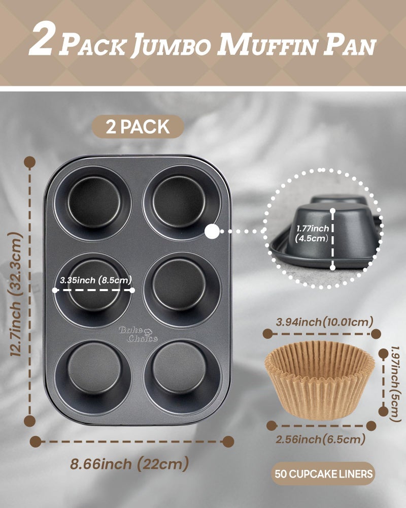 Bake Choice 2 Pack Jumbo Muffin Pan for Baking, Extra Large Cupcake Pan includes 50 Natural Jumbo Cupcake Liners, Muffin Tin Nonstick 6 Cup, Baking Pans Set, Carbon Steel Baking Supplies - Image 4