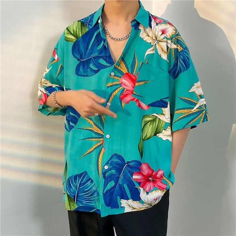 Hawaiian Print Shirt Men's and Women's Summer Beach Popular Seaside cityboy Retro Short-sleeved Shirt