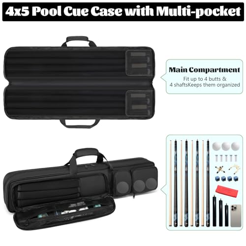Beejirm Pool Cue Case 4x4, Soft Padded Pool Stick Case,Pool Stick Case with Multiple Pockets Holds 4 Butts 4 Shafts, Soft Padded Sturdy Pool Cue Bag, Billiard Cue Backpack with Adjustable Shoulder Straps - Image 3