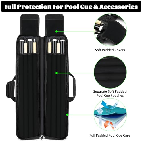 Beejirm Pool Cue Case 4x4, Soft Padded Pool Stick Case,Pool Stick Case with Multiple Pockets Holds 4 Butts 4 Shafts, Soft Padded Sturdy Pool Cue Bag, Billiard Cue Backpack with Adjustable Shoulder Straps - Image 2