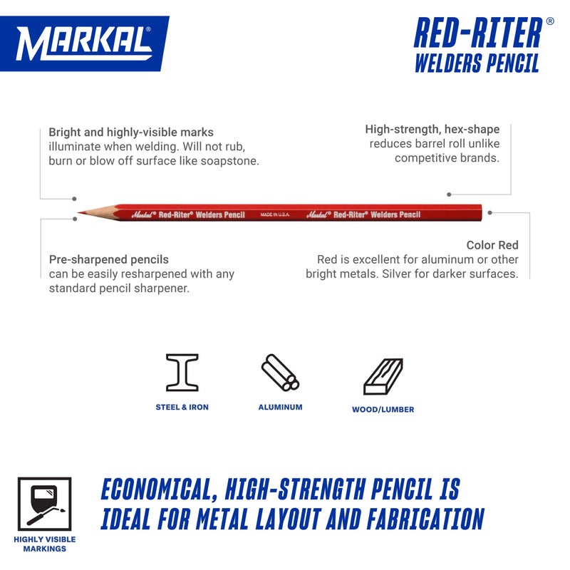 Markal 96100 Red-Riter Welders Pencil for Torch-Resistant Marks During Metal Layout and Fabrication, Red (Pack of 12) Made in USA - Image 2