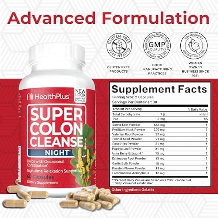 Health Plus Super Colon Cleanse Night Formula Digestive Support | Constipation Relief to Reduce Bloating with Probiotics and Valerian Root for Sleep | More than 1 Cleanse, 60 Capsules - Image 2
