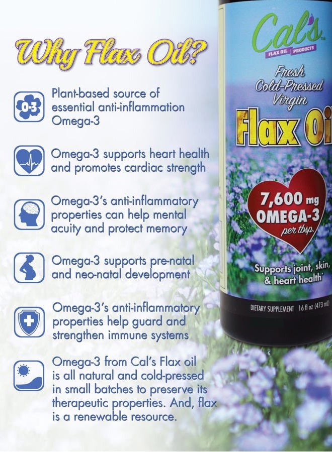Cal's Flax Oil, Cold-Pressed Flaxseed, High in Omega-3 Fatty Acid, Unrefined Flaxseed Oil, Essential Flaxseed Oil Liquid Supplement for Joint, Skin, and Heart Health Support - 16 oz - Image 2