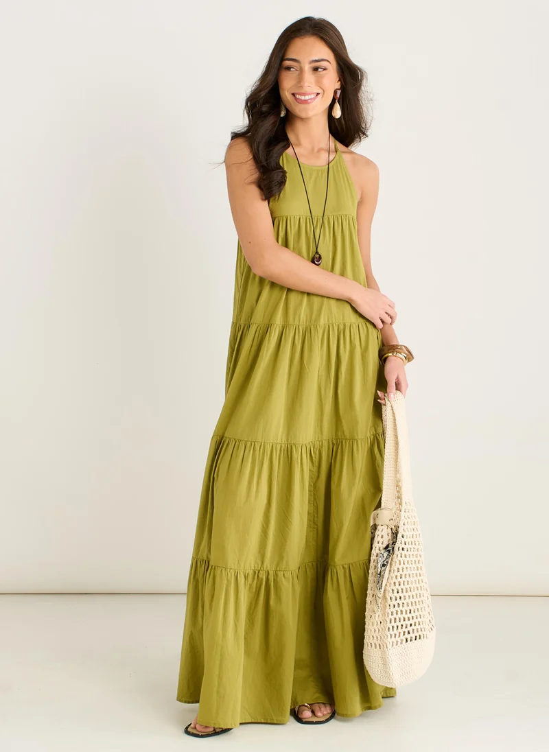 Khaki Tiered Halter Maxi Trapeze Dress