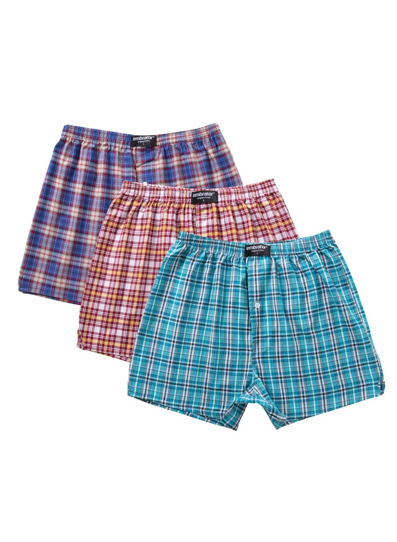 Embrator Pack of 3 Woven Classic Cotton Boxer Shorts for Men - Image 1
