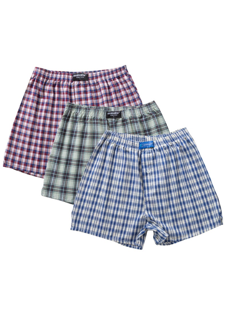 Embrator Pack of 3 Woven Classic Cotton Boxer Shorts for Men - Image 2