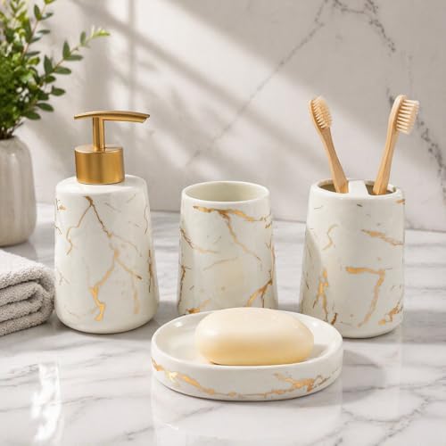 Whizzo® Premium Ceramic Bathroom Accessories Set Ceramic - 4 Pieces Bathroom Accessories Set Soap Dispenser, Toothbrush Holder, Tumbler, Soap Dish, The Best Gifting Choice (White, WZ-BS-797-White) - Image 1