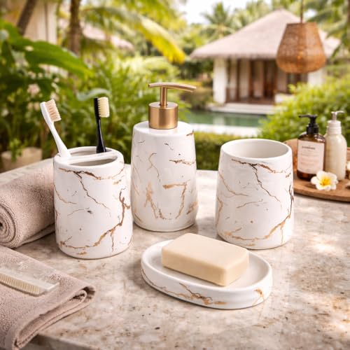 Whizzo® Premium Ceramic Bathroom Accessories Set Ceramic - 4 Pieces Bathroom Accessories Set Soap Dispenser, Toothbrush Holder, Tumbler, Soap Dish, The Best Gifting Choice (White, WZ-BS-797-White) - Image 3