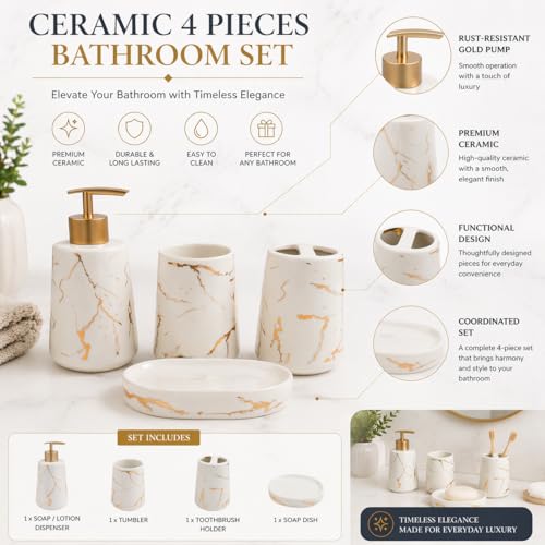 Whizzo® Premium Ceramic Bathroom Accessories Set Ceramic - 4 Pieces Bathroom Accessories Set Soap Dispenser, Toothbrush Holder, Tumbler, Soap Dish, The Best Gifting Choice (White, WZ-BS-797-White) - Image 2