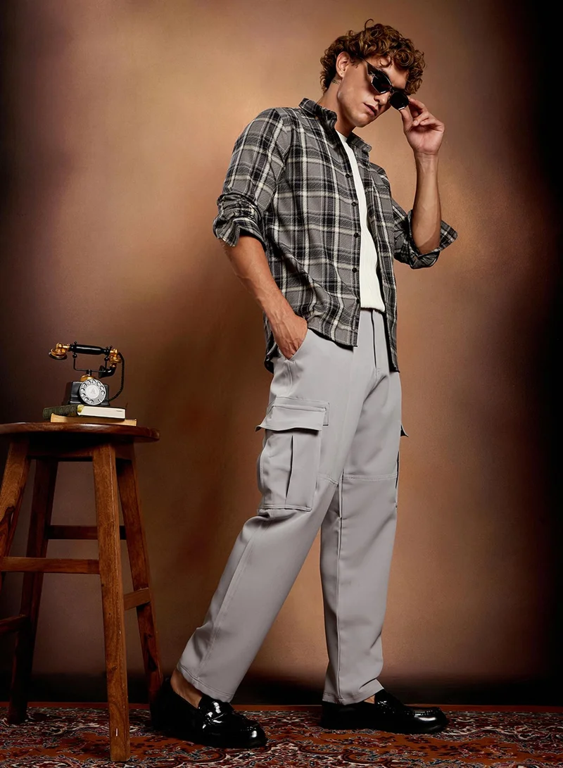 Campus Sutra Campus Sutra Men's Moon Grey & Onyx Black Shadow-Check Regular Shirt For Casual Wear | Spread Collar | Long Cuffed Sleeves | Button Closure | Shirt Crafted With Comfort Fit For Everyday Wear