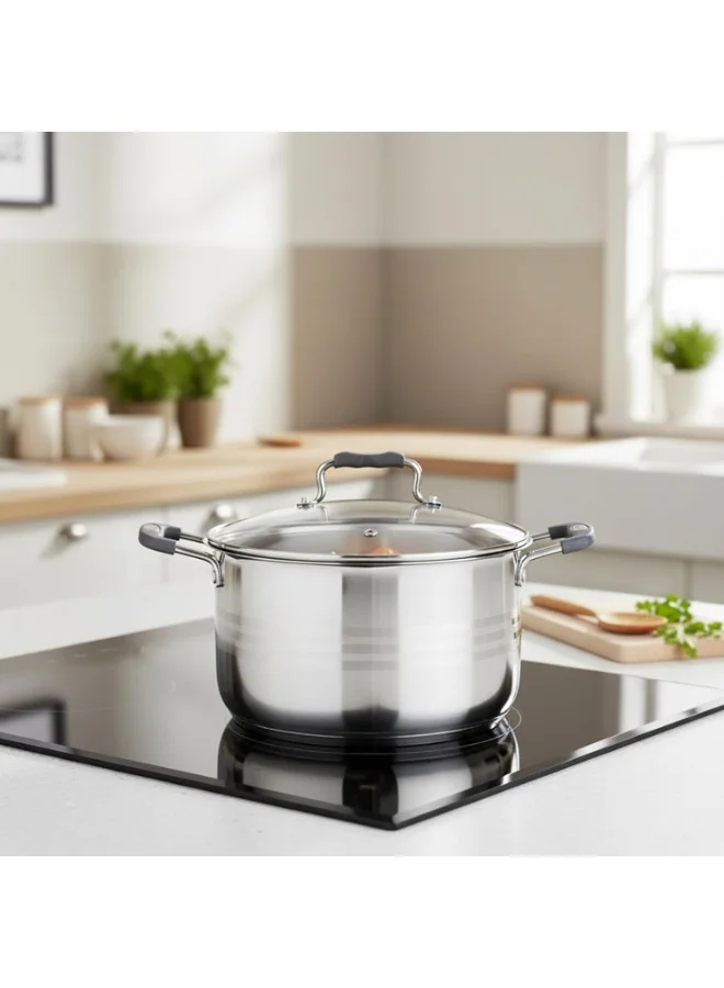 Wilson  Wilson 3.2L Stainless Steel Casserole Pot, 20cm Deep Stockpot with Silicon Handles & Glass Lid. Small Induction Safe Cooking Pot for Saups & Sauces, Cool-Touch Ergonomic Grip, Mirror Finish Cookware  | Best Price UAE