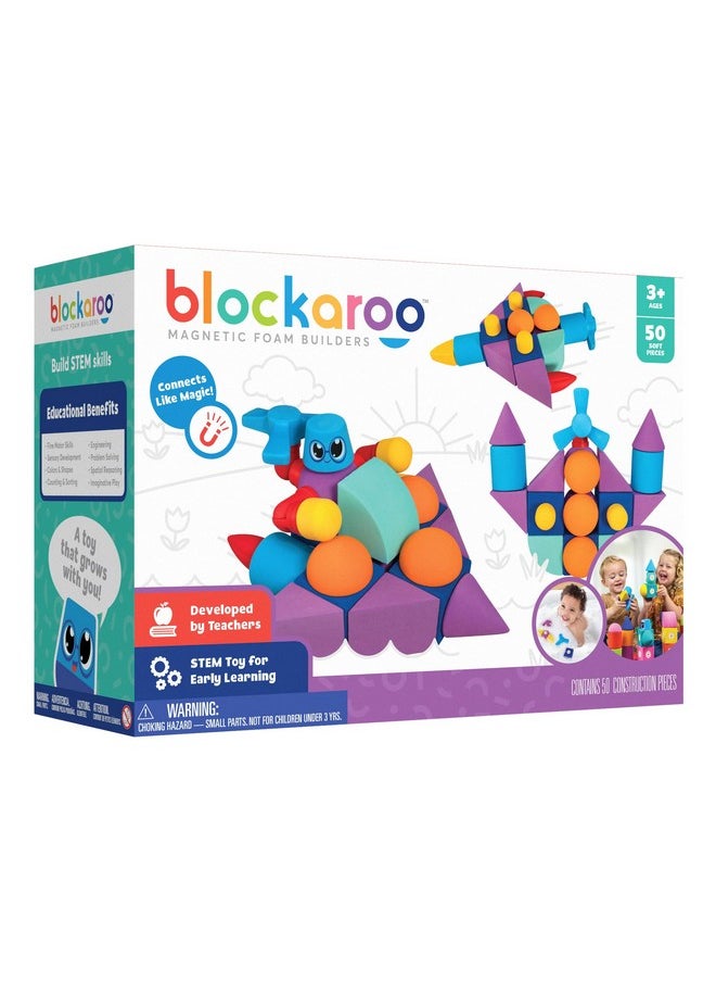 blockaroo Blockaroo Magnetic Foam Blocks - STEM Preschool Toys for Children, Toddlers, Boys and Girls, The Ultimate Bath Toy - 50 Piece Set, Bath Building Blocks, Engineering Toys for Kids 3-6  - Image 1