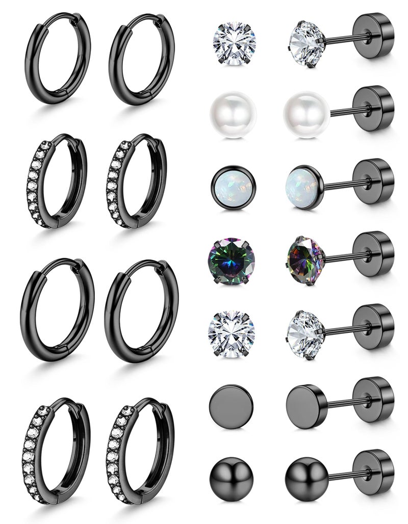 Jstyle Hypoallergenic Black Stud Hoop Earrings for Women Small Flat Back Surgical Stainless Steel Earrings for Sensitive Ears Trendy Black Hoops Cartilage Earring Stack Set Multiple Piercing Jewelry - Image 1