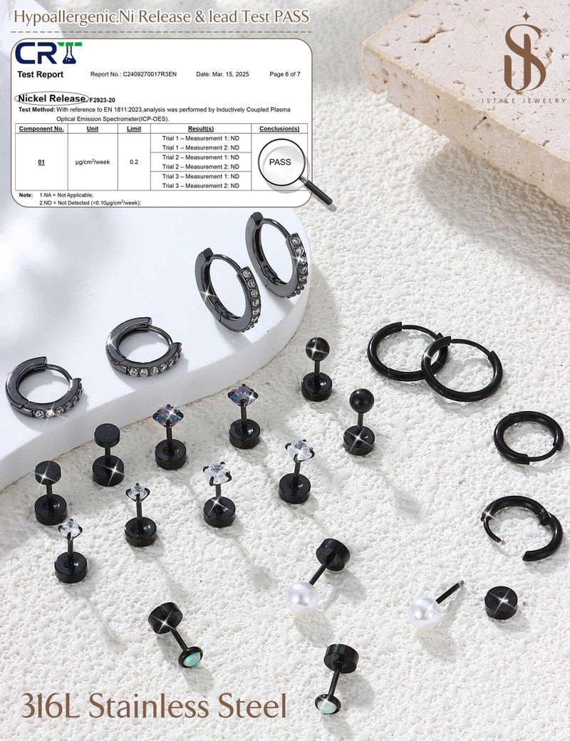 Jstyle Hypoallergenic Black Stud Hoop Earrings for Women Small Flat Back Surgical Stainless Steel Earrings for Sensitive Ears Trendy Black Hoops Cartilage Earring Stack Set Multiple Piercing Jewelry - Image 3