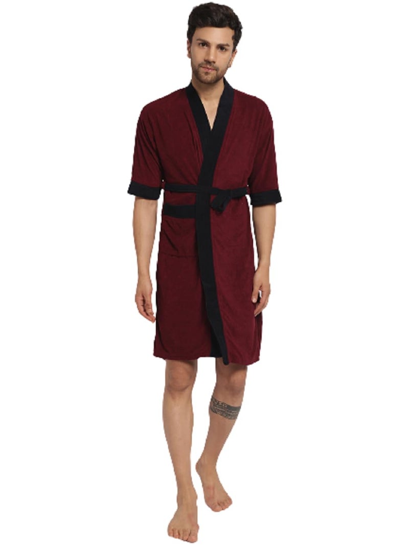 ELEVANTO Bathrobes For Mens Collection 34 Sleeve Soft Terry Cotton Bathrobe Free SizeMAROONNAVY - Image 1