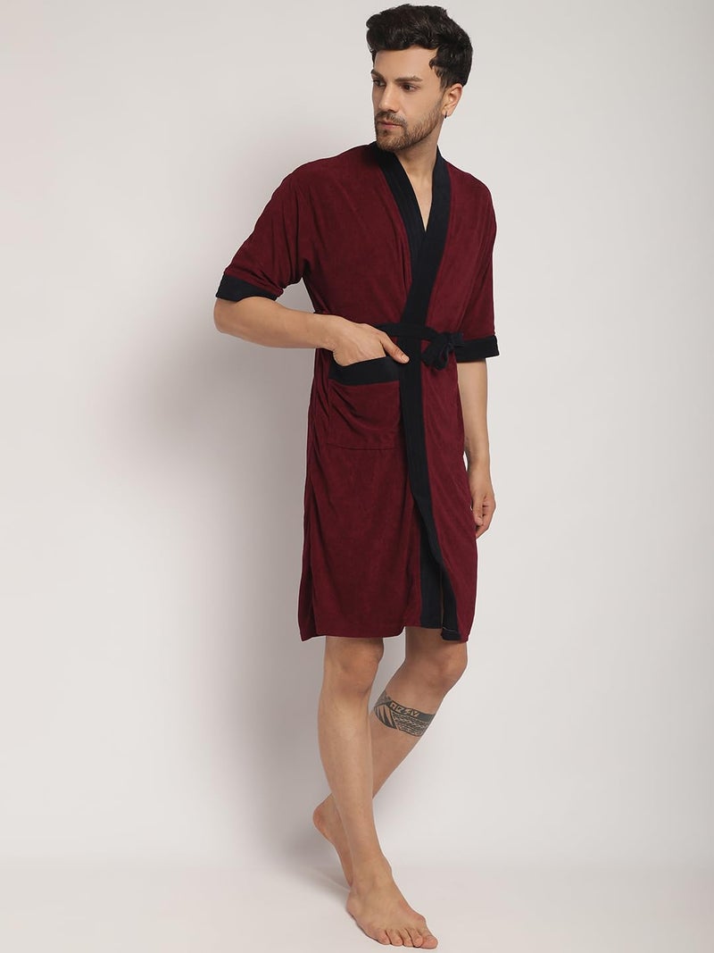 ELEVANTO Bathrobes For Mens Collection 34 Sleeve Soft Terry Cotton Bathrobe Free SizeMAROONNAVY - Image 4