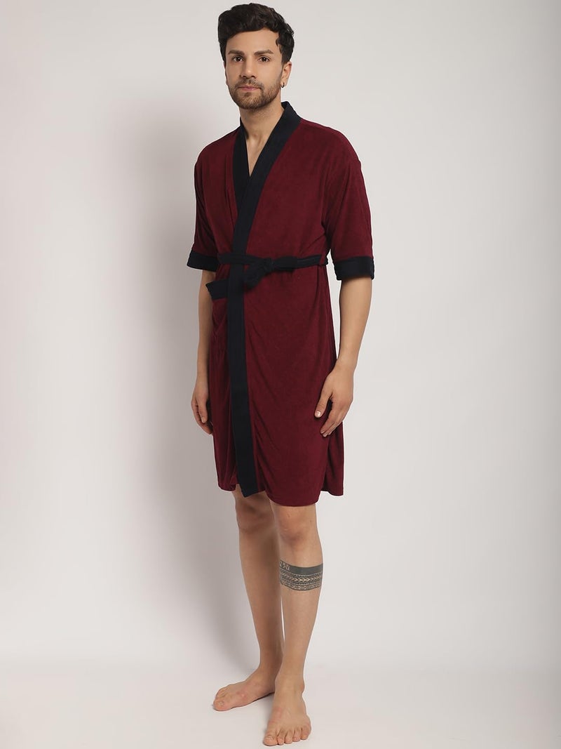ELEVANTO Bathrobes For Mens Collection 34 Sleeve Soft Terry Cotton Bathrobe Free SizeMAROONNAVY - Image 3