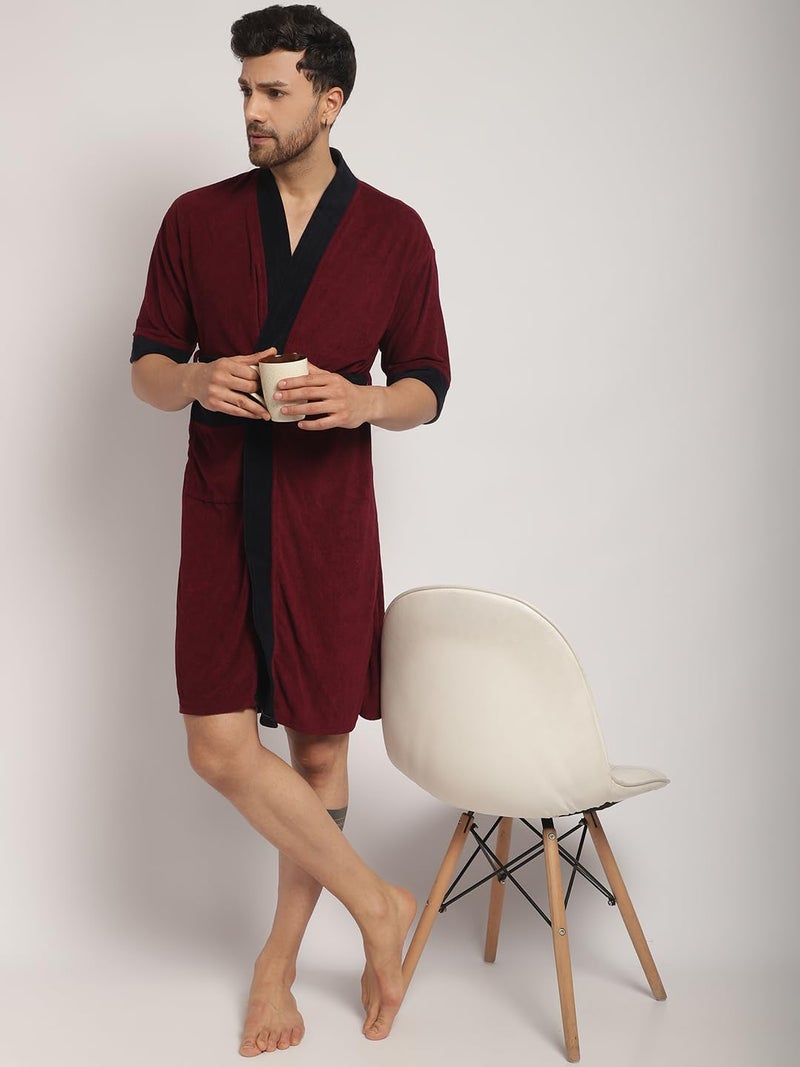 ELEVANTO Bathrobes For Mens Collection 34 Sleeve Soft Terry Cotton Bathrobe Free SizeMAROONNAVY - Image 5
