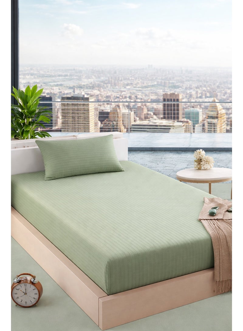 Blueberry طقم ملاءات قطنية خضراء مخططة مفصلة بمرونة 100x200+15 سم - Image 1