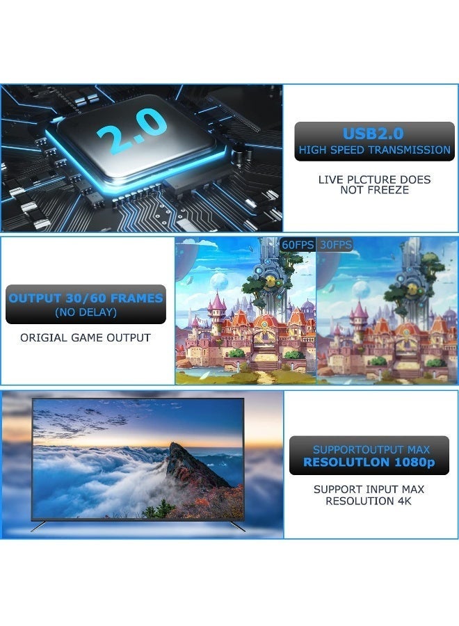 شابية بطاقة التقاط فيديو HDTVبدقة 4K، بطاقة Cam Link لالتقاط ألعاب الفيديو، محول التقاط الصوت، جهاز تسجيل وتسجيل HDMI إلى USB 2.0 للبث المباشر، والبث المباشر، ومؤتمرات الفيديو، والتعليم، والألعاب (أسود) - Image 5