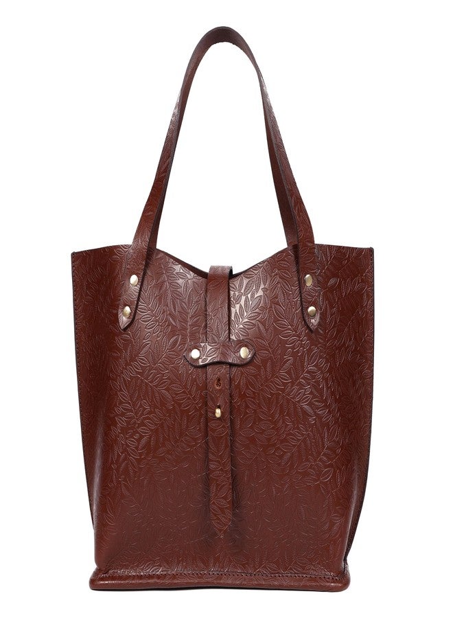 Celtic Leaf-Embossed Leather Tote Bag with Secure Strap Closure and Spacious Interior - Image 1