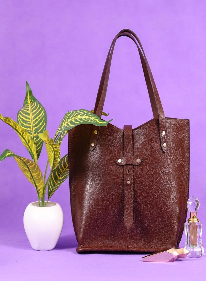 Celtic Leaf-Embossed Leather Tote Bag with Secure Strap Closure and Spacious Interior - Image 2
