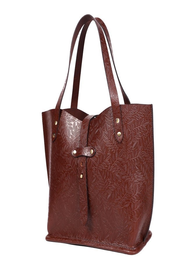 Celtic Leaf-Embossed Leather Tote Bag with Secure Strap Closure and Spacious Interior - Image 5