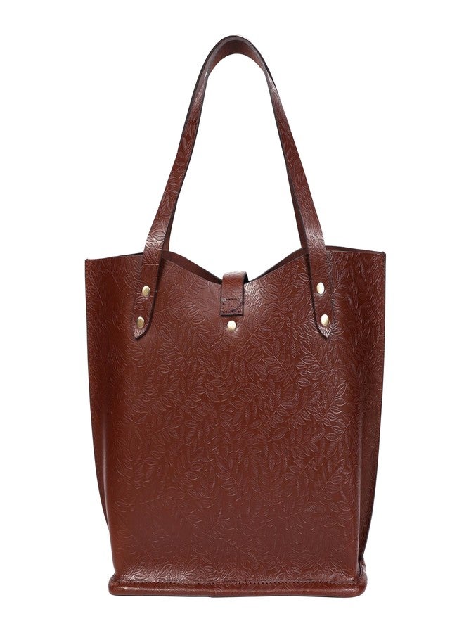 Celtic Leaf-Embossed Leather Tote Bag with Secure Strap Closure and Spacious Interior - Image 4