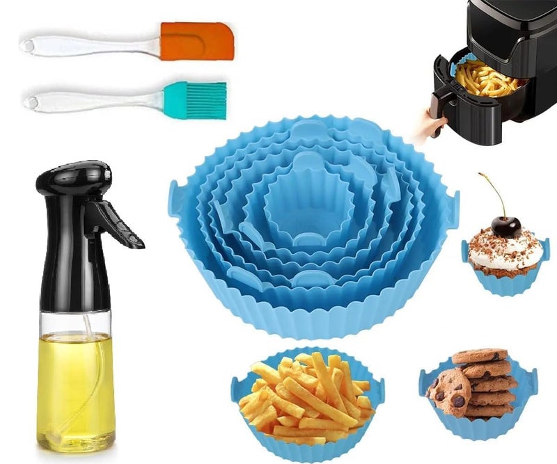 PIARA PIARA 6 Pcs Round Reusable NonStick air Fryer Accessories Silicone Coating Pot Basket for Microwave Oven Oil Sprayer Bottle and Oil Brush and Spatula Set Multicolor  - Image 1