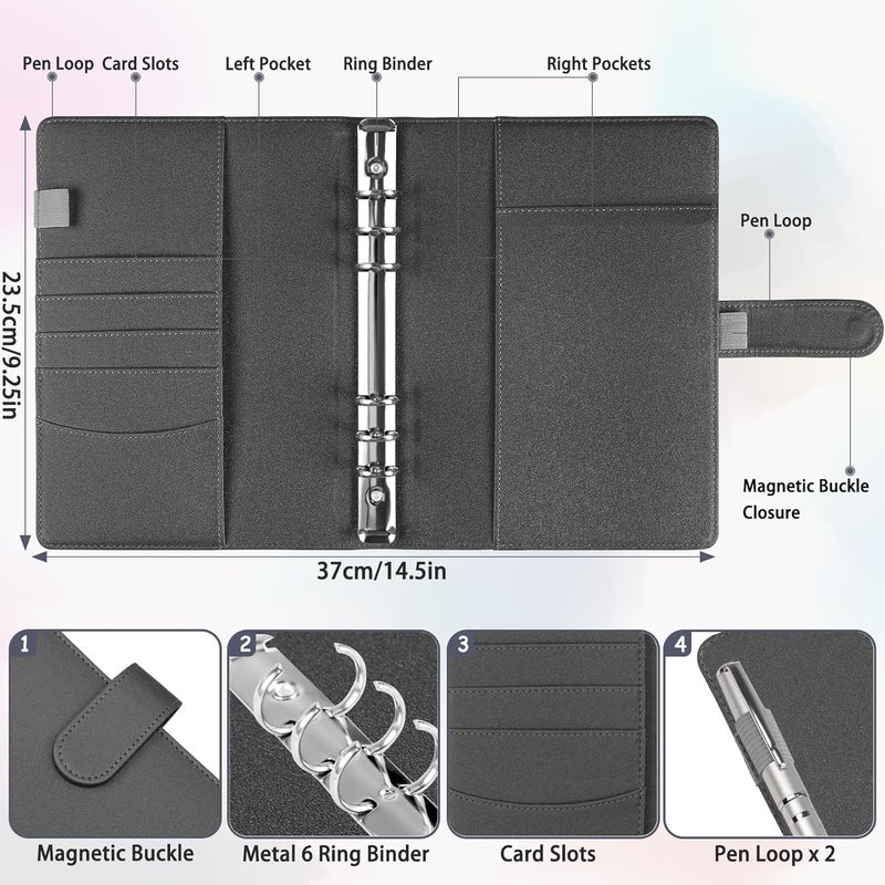 Antner A5 Binder 6 Ring Refillable Notebook Budget Planner Cover for Cash Organizer, PU Leather Loose Leaf Photocard Holder Aesthetic Binder with Magnetic Buckle for A5 Planner Inserts, Glitter Black - Image 3