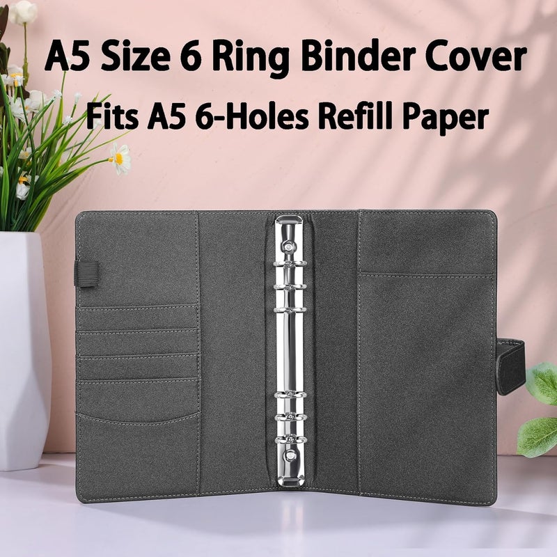 Antner A5 Binder 6 Ring Refillable Notebook Budget Planner Cover for Cash Organizer, PU Leather Loose Leaf Photocard Holder Aesthetic Binder with Magnetic Buckle for A5 Planner Inserts, Glitter Black - Image 2