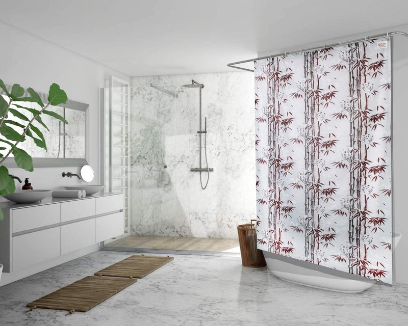 Fabfurn Fabfurn Bamboo Design PVC Shower Curtain Set of 1 with 8 Plastic Hooks (Brown) - Image 1